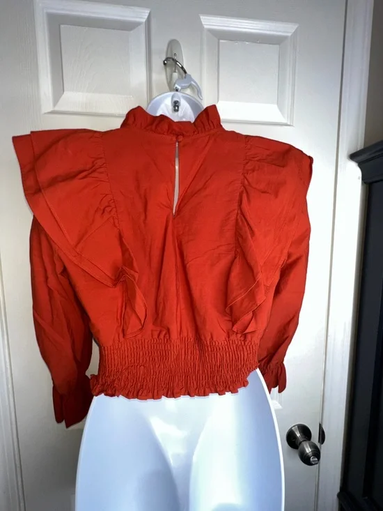 Zara Women’s Medium Ruffled Poplin Crop Top Blouse M 100% Cotton Brick Red - Picture 5 of 15